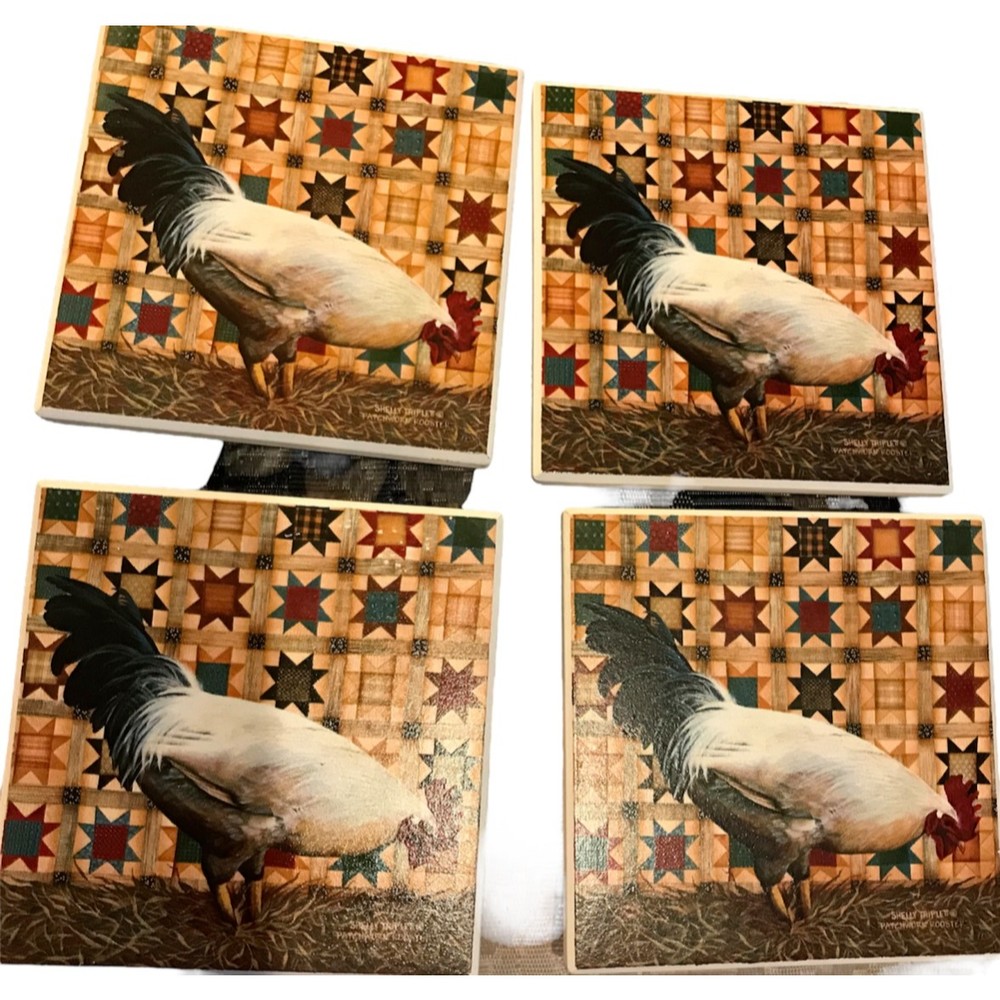 Shelly Triplett 4 Cork Backed Coasters Patchwork Rooster Design